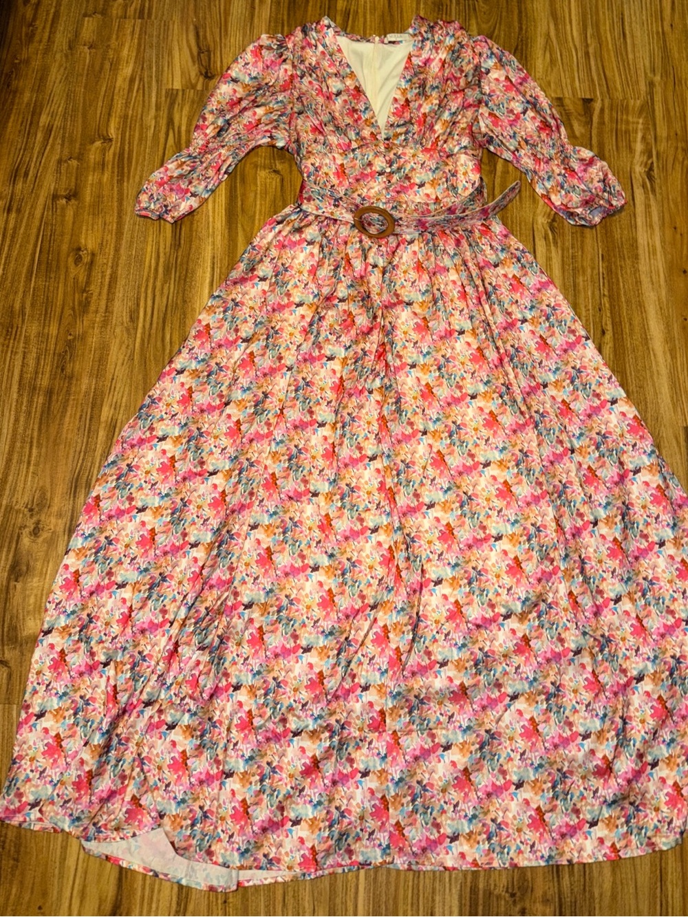 Mulla 
Women dress medium 8 10 maxi pink floral pattern belted 3/4 sleeve nwot